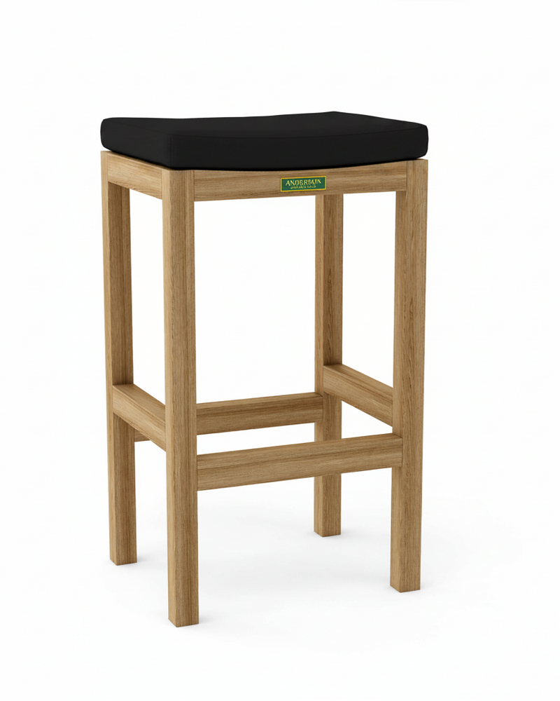 Wooden bar stool with black cushion on a white background