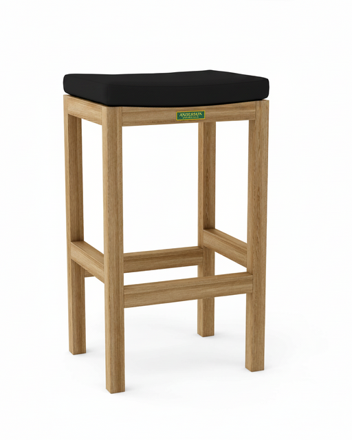 Wooden bar stool with black cushion on a white background