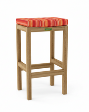 Wooden bar stool with a colorful cushion on a white background