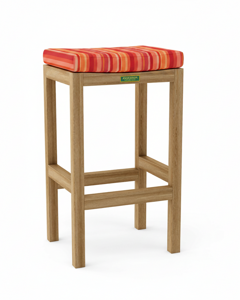 Wooden bar stool with a colorful cushion on a white background