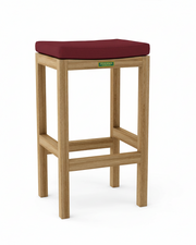 Wooden bar stool with a burgundy cushion on a white background