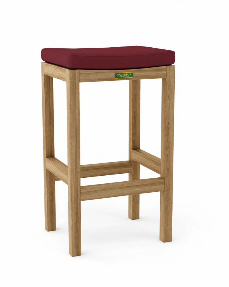 Wooden bar stool with a burgundy cushion on a white background