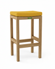 Wooden bar stool with a yellow cushion on a white background
