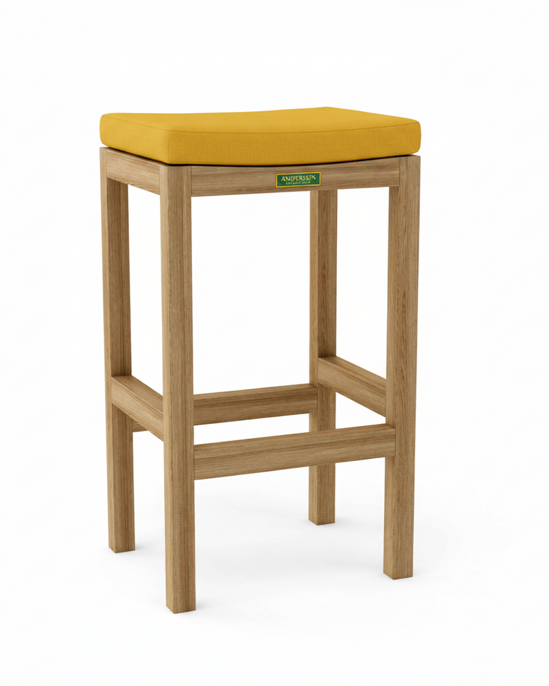 Wooden bar stool with a yellow cushion on a white background