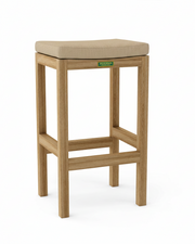 Wooden bar stool with beige cushioned seat on a white background