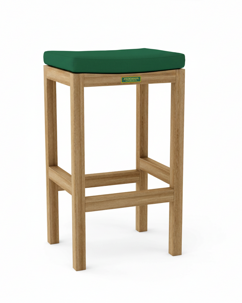 Wooden bar stool with green cushion on a white background