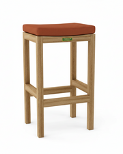 Wooden bar stool with a henna cushioned seat on a white background