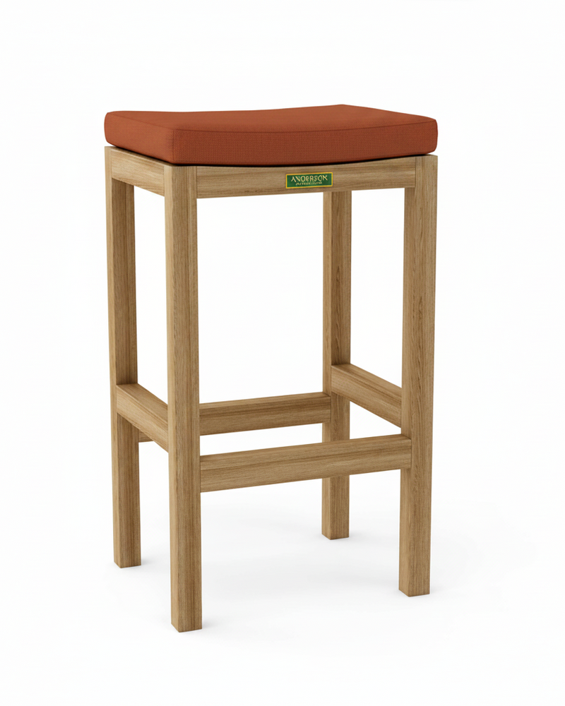 Wooden bar stool with a henna cushioned seat on a white background