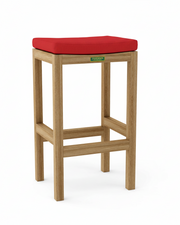 Wooden bar stool with a red cushion on a white background