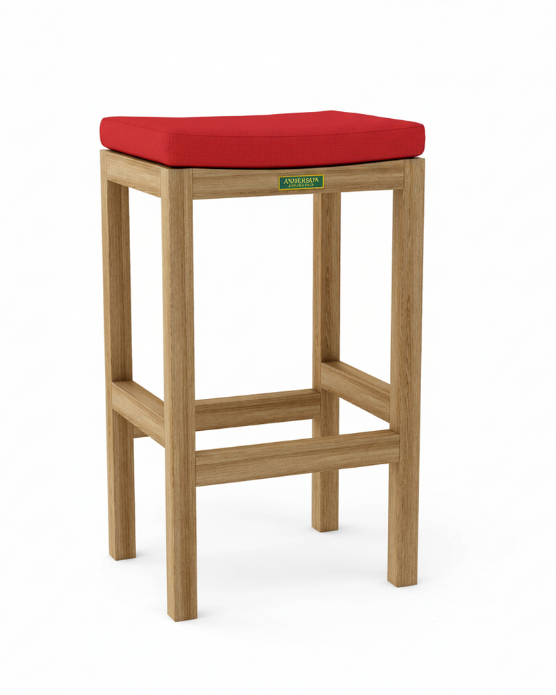 Wooden bar stool with a red cushion on a white background