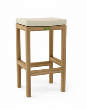 Wooden bar stool with beige cushioned seat on a white background