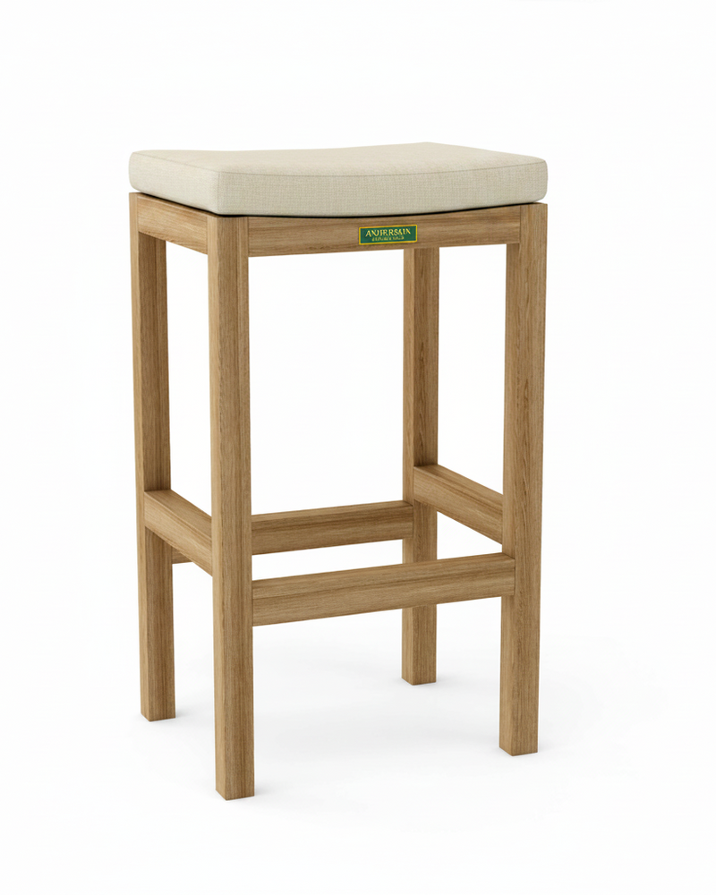 Wooden bar stool with beige cushioned seat on a white background