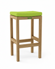 Bar stool with green cushion and wooden frame on a white background
