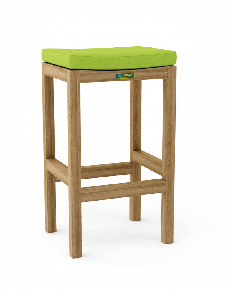 Bar stool with green cushion and wooden frame on a white background