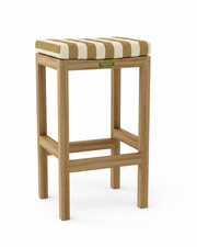 Wooden bar stool with striped cushion on a white background