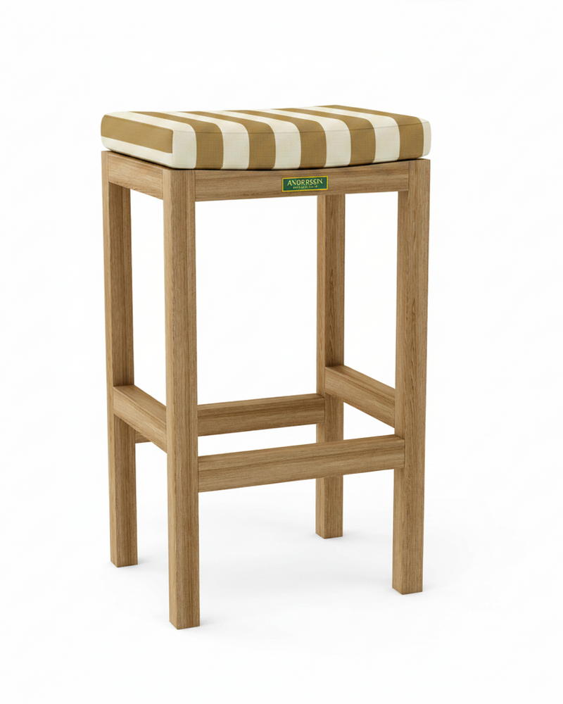 Wooden bar stool with striped cushion on a white background
