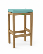 Wooden bar stool with a teal cushion on a white background