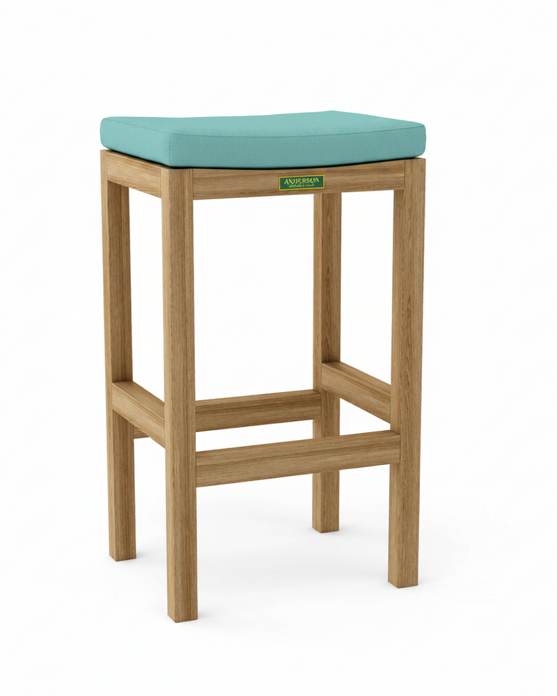 Wooden bar stool with a teal cushion on a white background