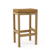 Wooden bar stool with a brown cushioned seat on a white background