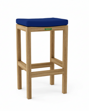 Bar stool with a blue cushion and wooden frame on a white background