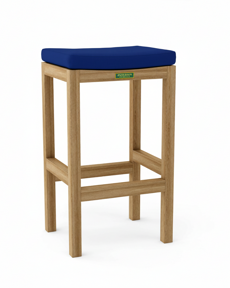Bar stool with a blue cushion and wooden frame on a white background
