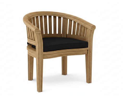 Anderson teak curved dining armchair with black cushion on white background. 
