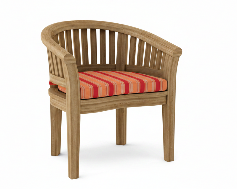 Anderson teak curved dining arm chair with bravada salsa cushion on white background.  