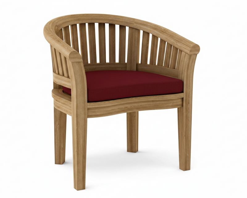 Anderson teak curved dining armchair with burgundy cushion on white background.  