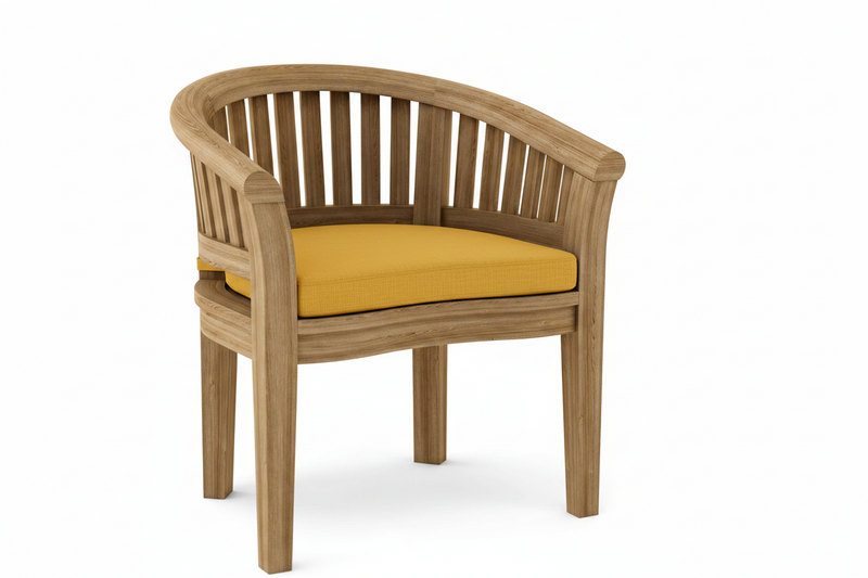 Anderson teak curved armchair with buttercup cushion on white background.