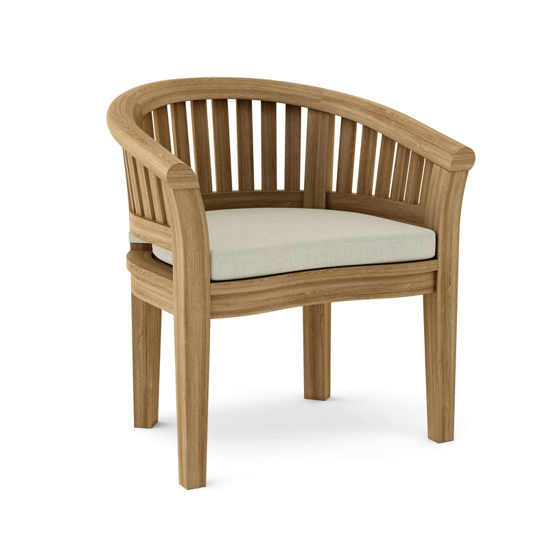 Anderson teak curved dining armchair with natural cushion on white background.  