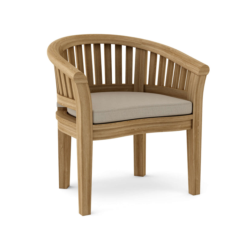 Anderson teak curved dining arm chair with cast ash cushion on white background.  