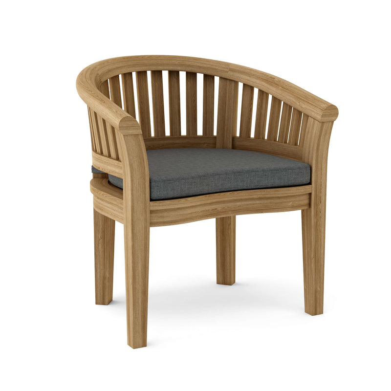 Anderson teak curved dining armchair with cast charcoal cushion on white background.  
