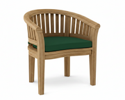 Anderson teak curved dining arm chair with forest green cushion on white background.  