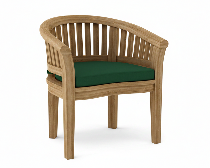 Anderson teak curved dining arm chair with forest green cushion on white background.  
