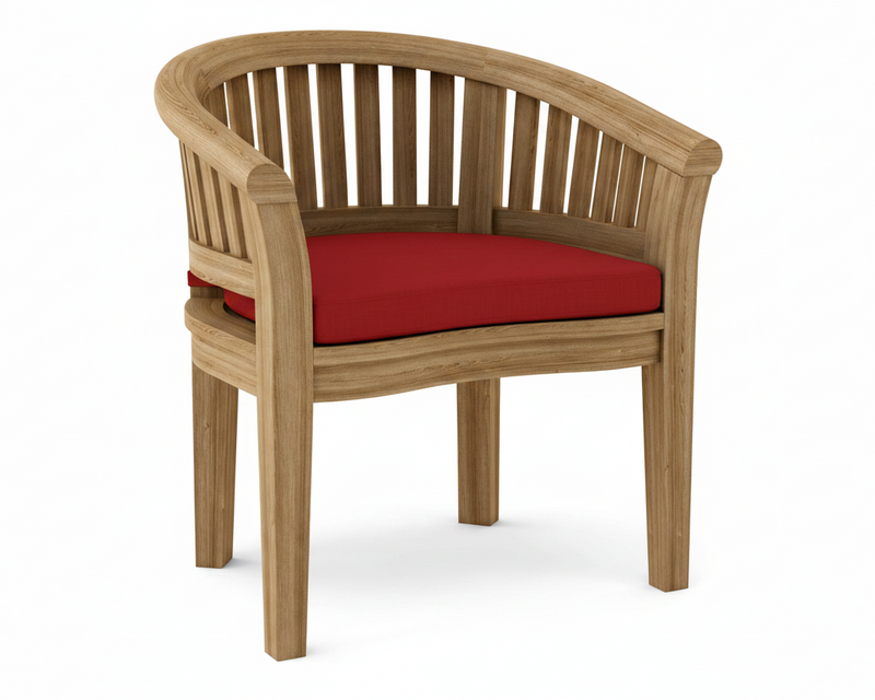 Anderson teak curved dining arm chair with jockey red cushion on white background. 