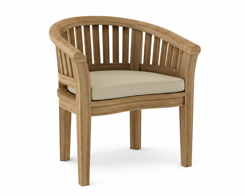 Anderson teak curved dining armchair with linen canvas cushion on white background.  