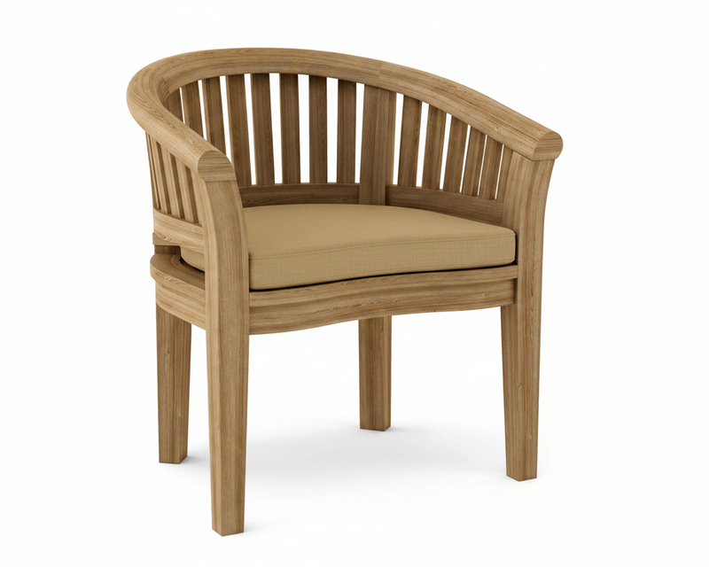 Anderson teak curved dining armchair with linen sesame cushion on white background.  
