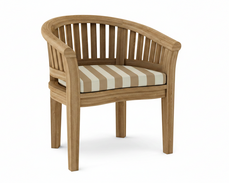 Anderson teak curved dining arm chair with maxim heather beige cushion on white background.  