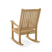 Del-amo teak rocking armchair - back view on a white background.  
