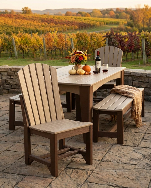 side chair with matching table and benches in a vineyard.  