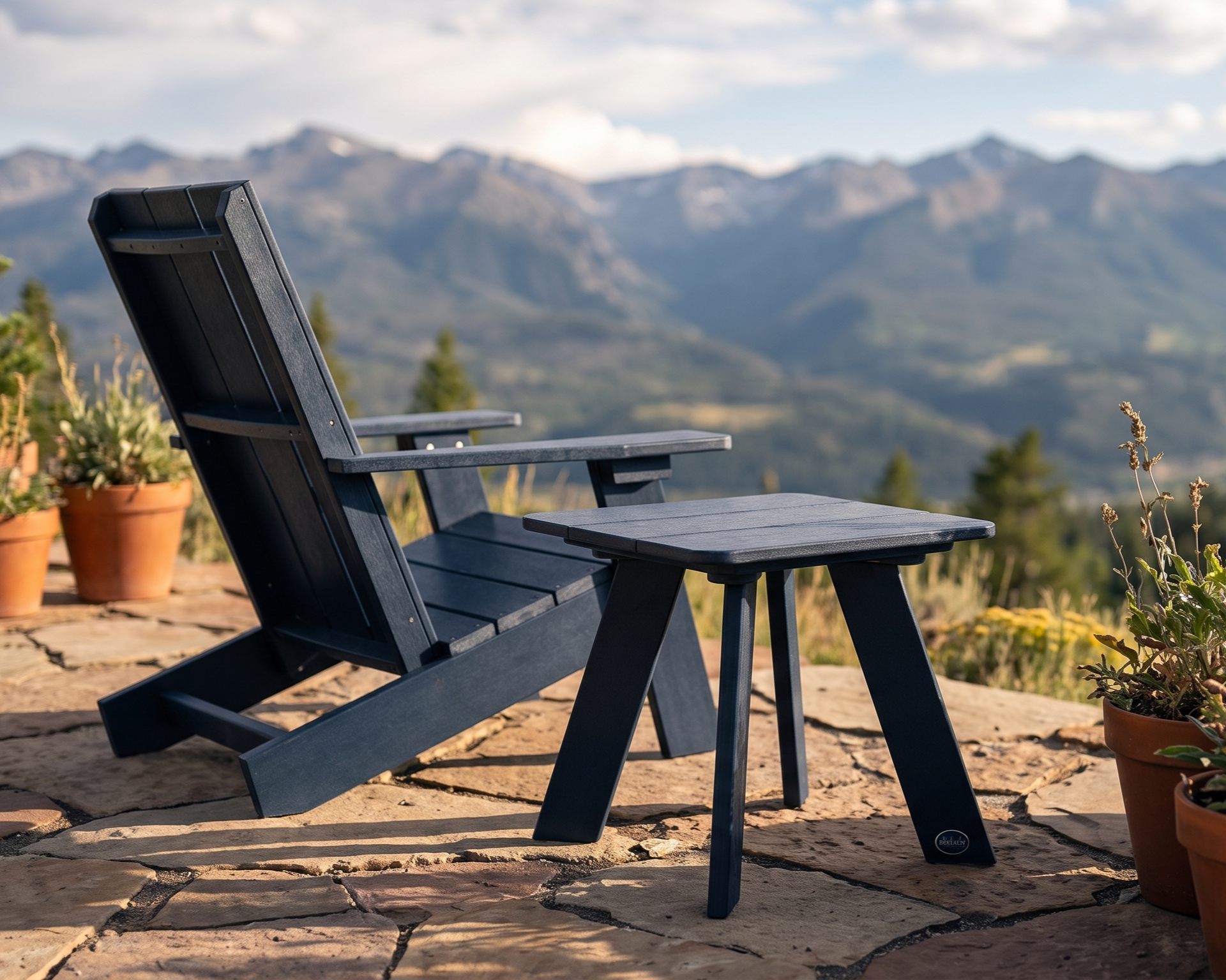 granite hill side table with matching adirondack on a rustic patio in the mountains