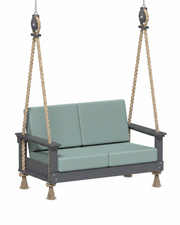 Outdoor swing with green cushions and gray frame on a white background
