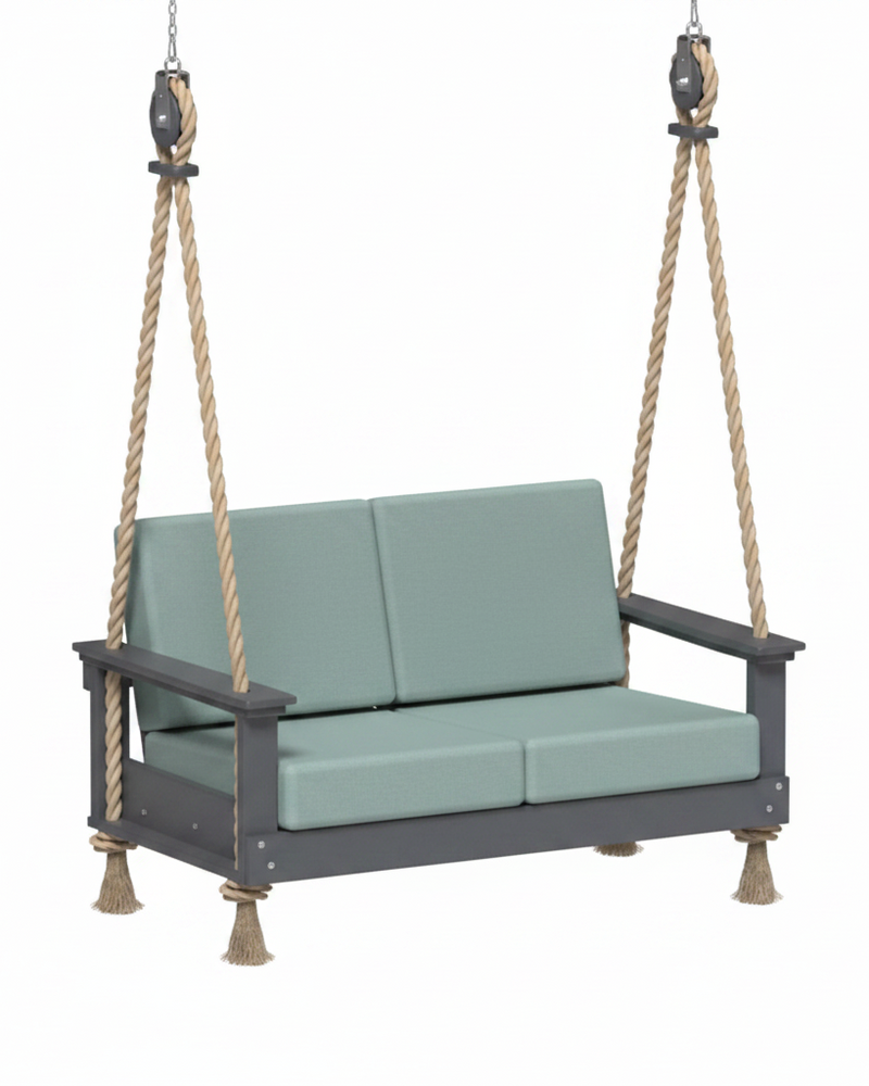 Outdoor swing with green cushions and gray frame on a white background