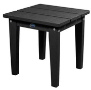 Black outdoor side table with a visible brand logo on a white background