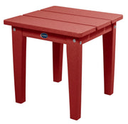Red side table with a visible brand logo on a white background