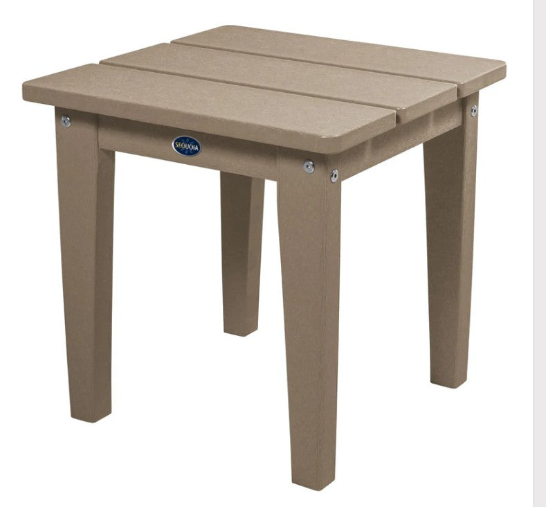 Beige outdoor table with a visible brand logo on a white background