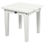 White outdoor side table with a visible brand logo on a white background