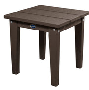 Brown outdoor side table with a visible brand logo on a white background