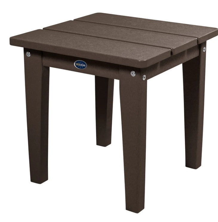 Brown outdoor side table with a visible brand logo on a white background