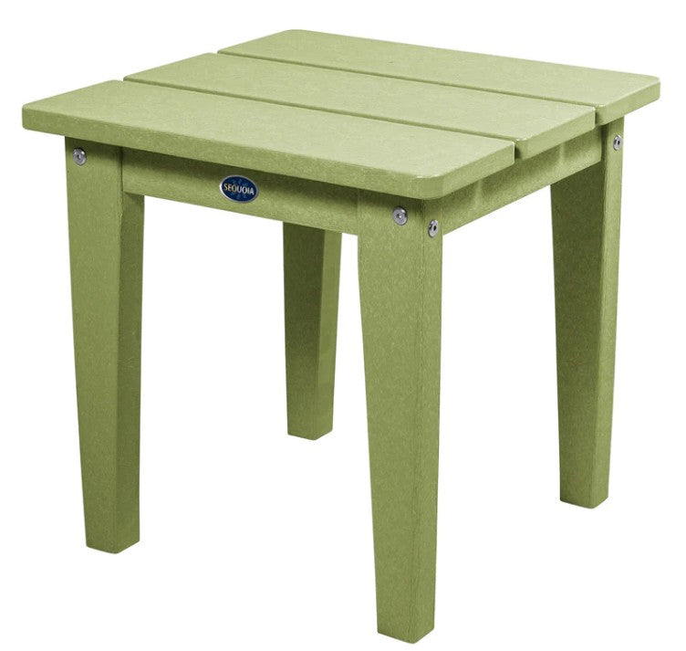 Green outdoor side table with a visible brand logo on a white background
